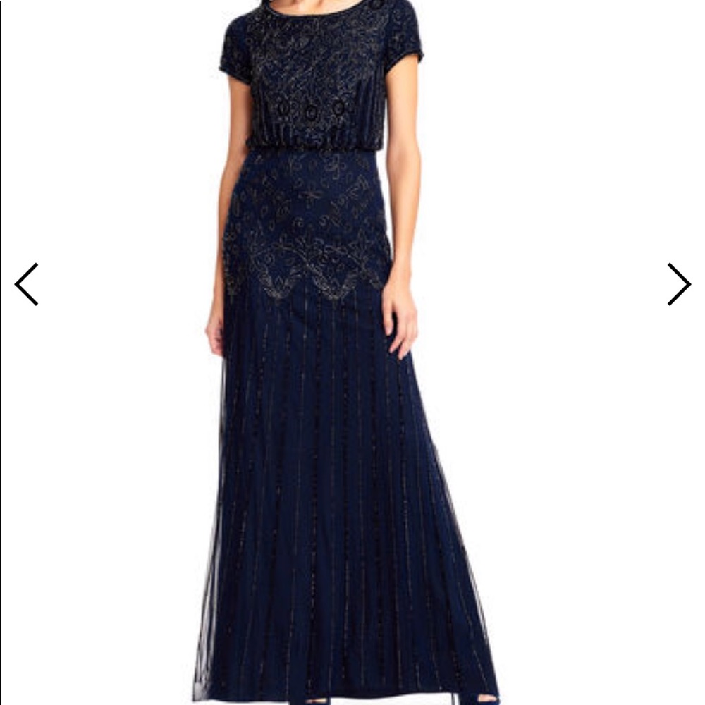 Adrianna Papell beaded blouson gown navy 16
